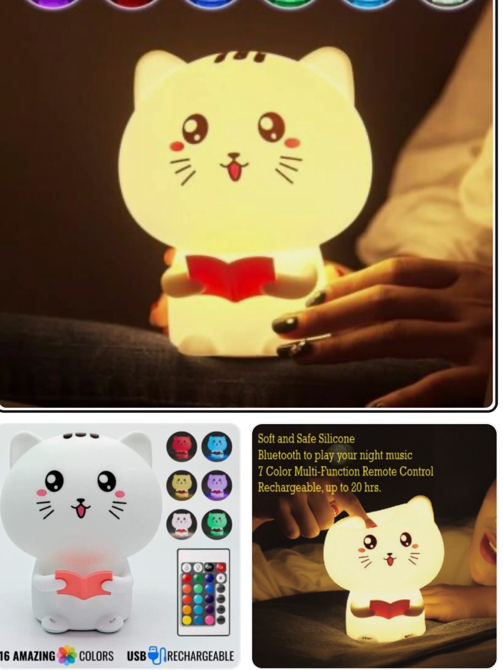 Cute Cat Night Light with Color-Changing LED